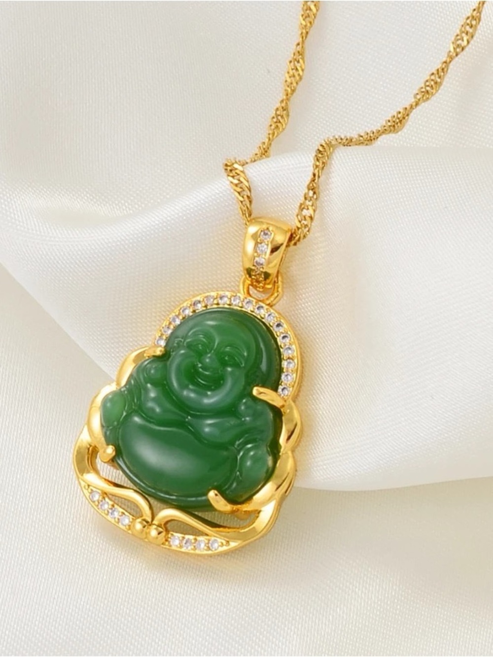 Gold-Plated Green Jade Laughing Buddha Pendant Necklace 18inch